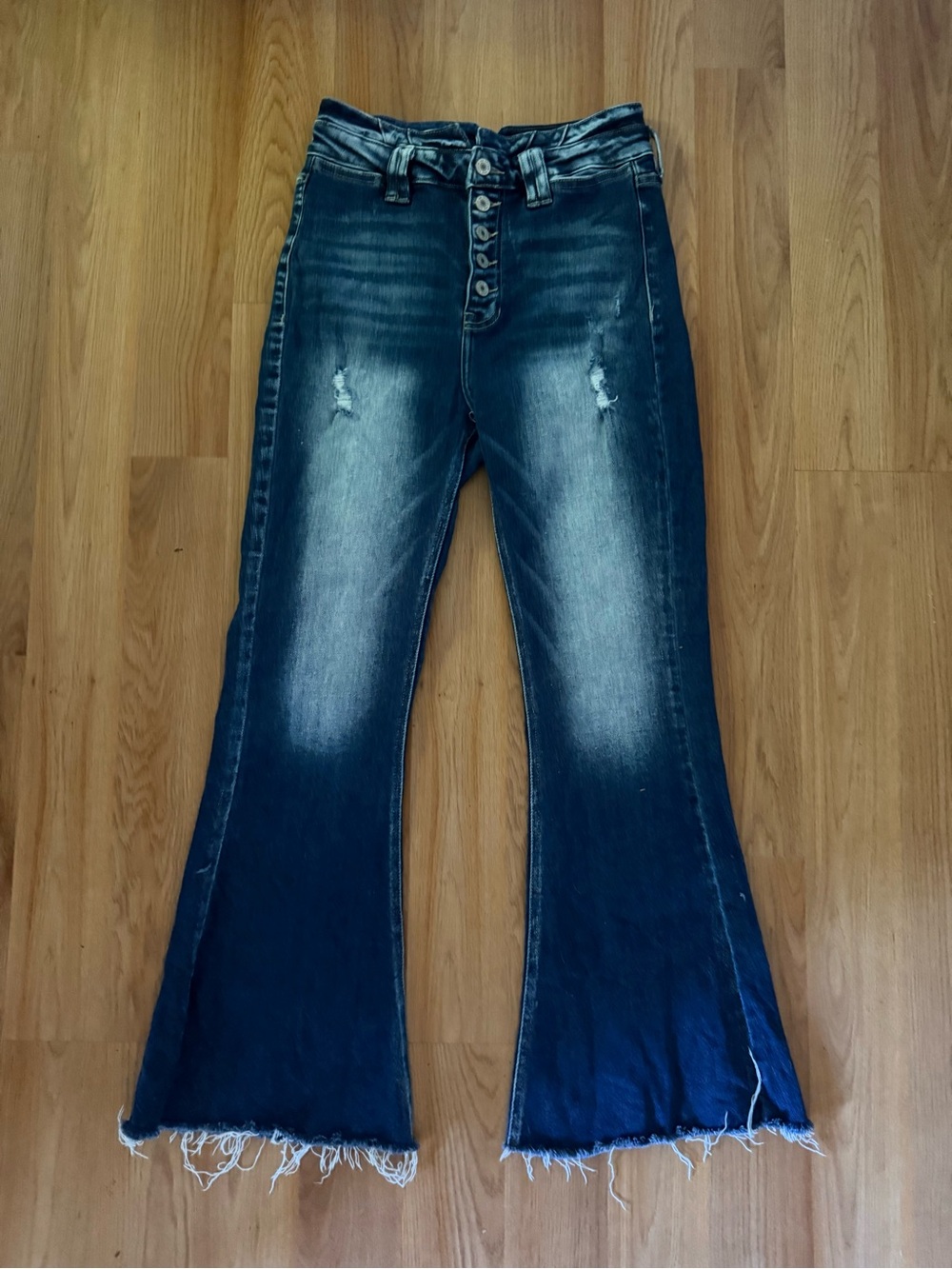 Kancan Womens Distressed Dark Blue Flared Jeans size 27